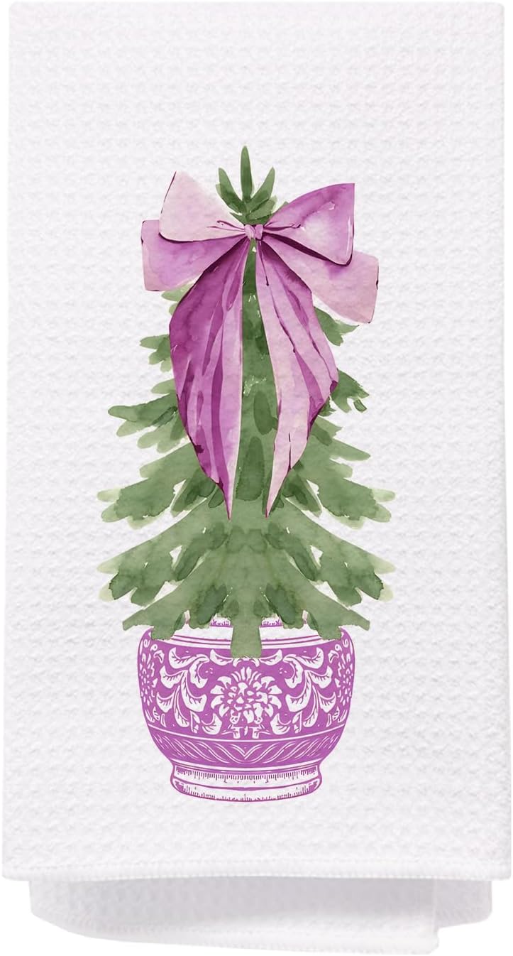 SPBL&L Christmas Kitchen Towels, Purple Porcelain Chinoiserie Christmas Tree Hand Towels, Purple Bow Christmas Dish Towels for Kitchen, Christmas Kitchen Bathroom Decor, 16x24 Inch - Image 1